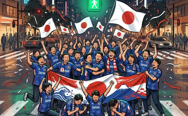 日本球迷在十字路口用绿灯时间庆祝绝平荷兰